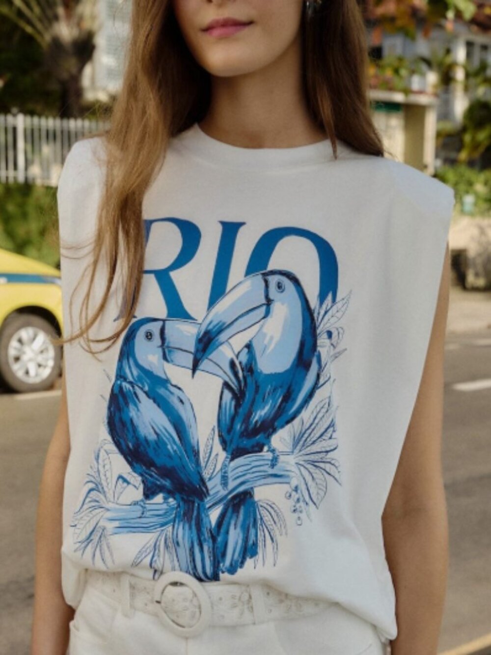 Farm Rio Toucan Rio Graphic Print Crew Neck Sleeveless Shoulder Pad Tank Tee